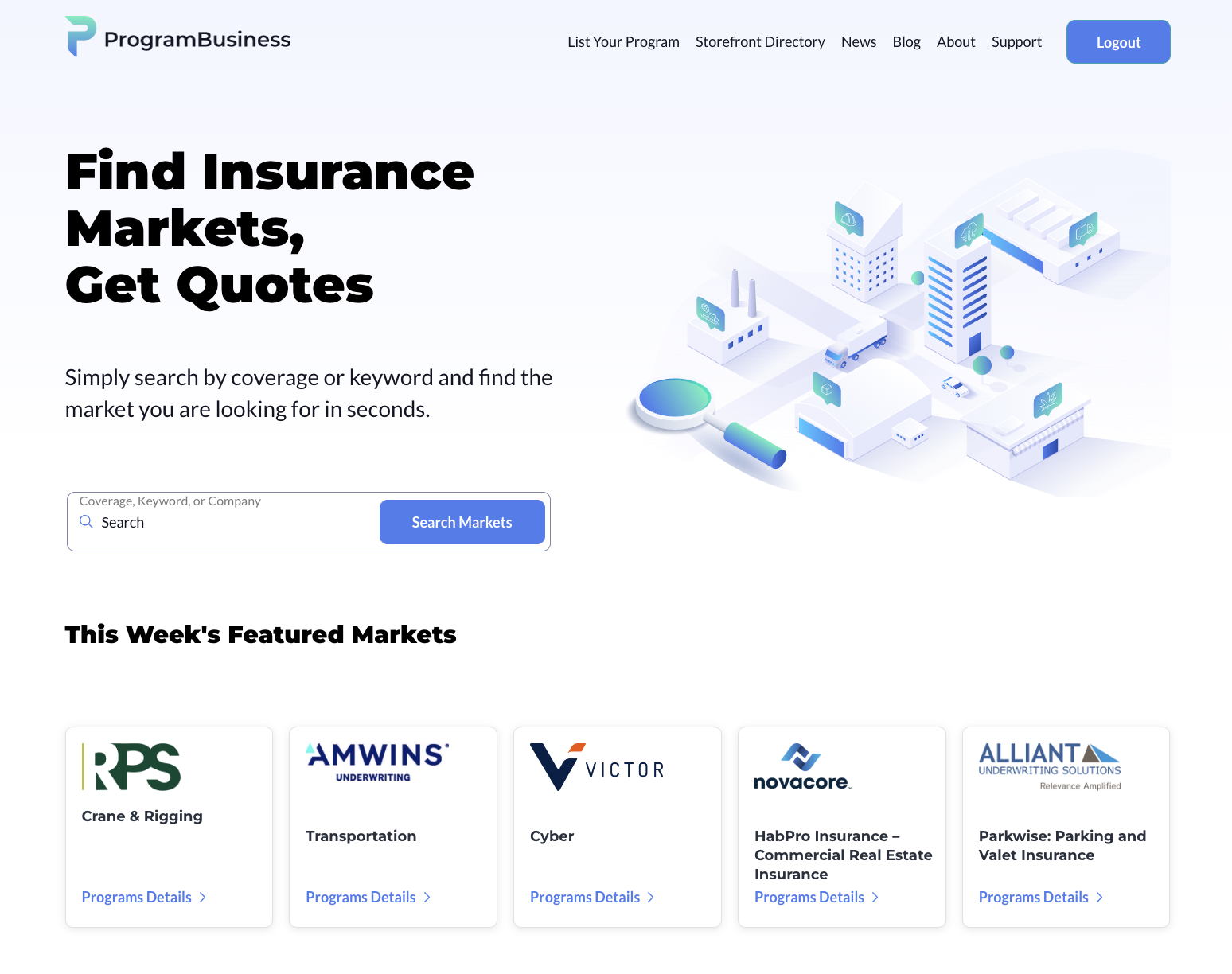 ProgramBusiness marketplace: program storefronts, specialty market search, downloadable applications, and agent lead tracking